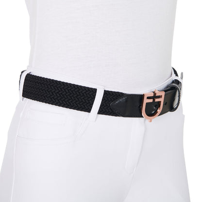 Leather elastic belt with rosegold logoed buckle