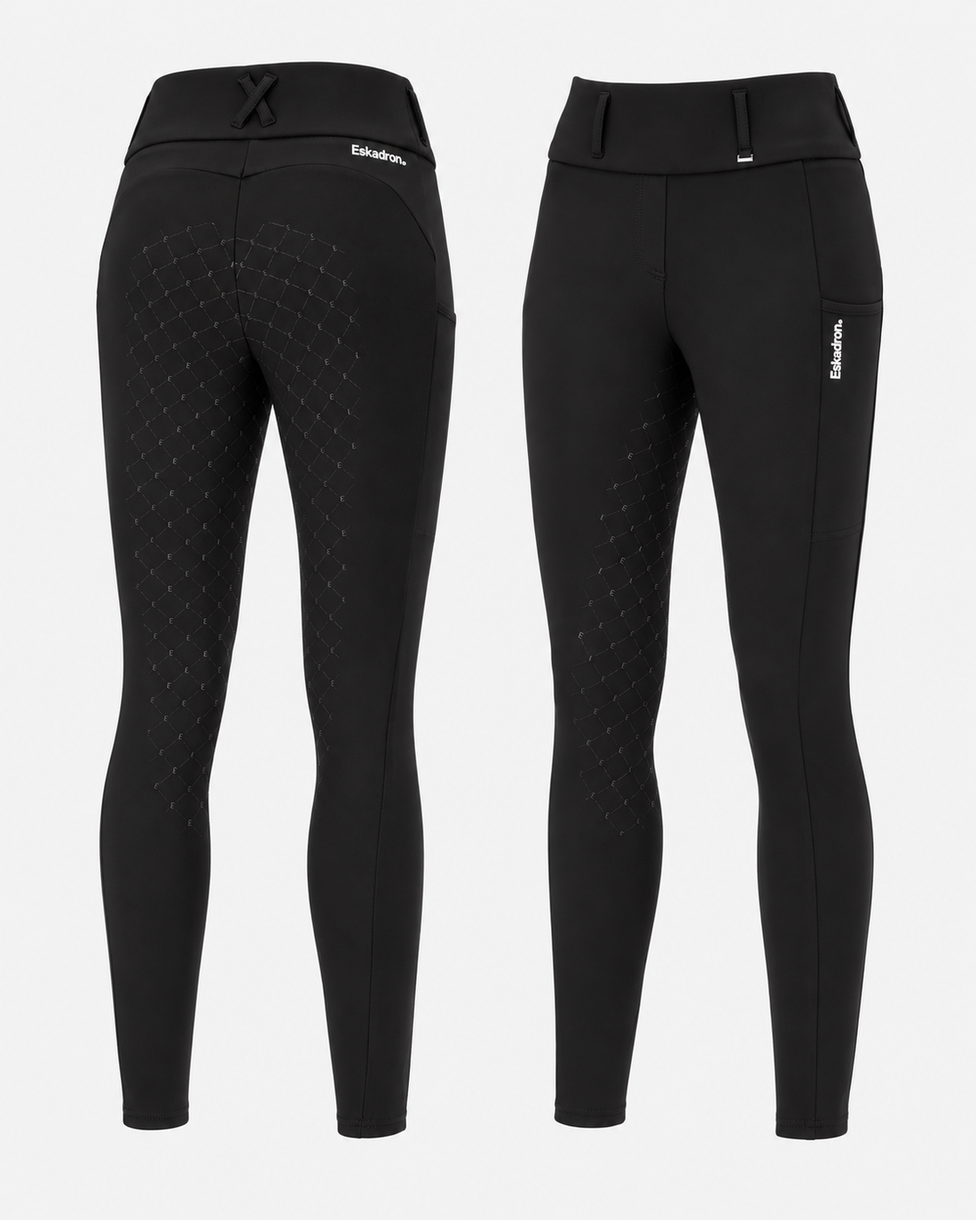 Eskadron Ladies Cosy Full Grip Riding Tights Heritage 2026/27 in black, showing front and rear views, high waistband, full seat silicone grip and side phone pockets.