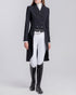 Cavalleria Toscana ladies black dressage tailcoat in 4-way stretch technical jersey, model wearing elegant dressage tails with white breeches and black riding boots. FRD018