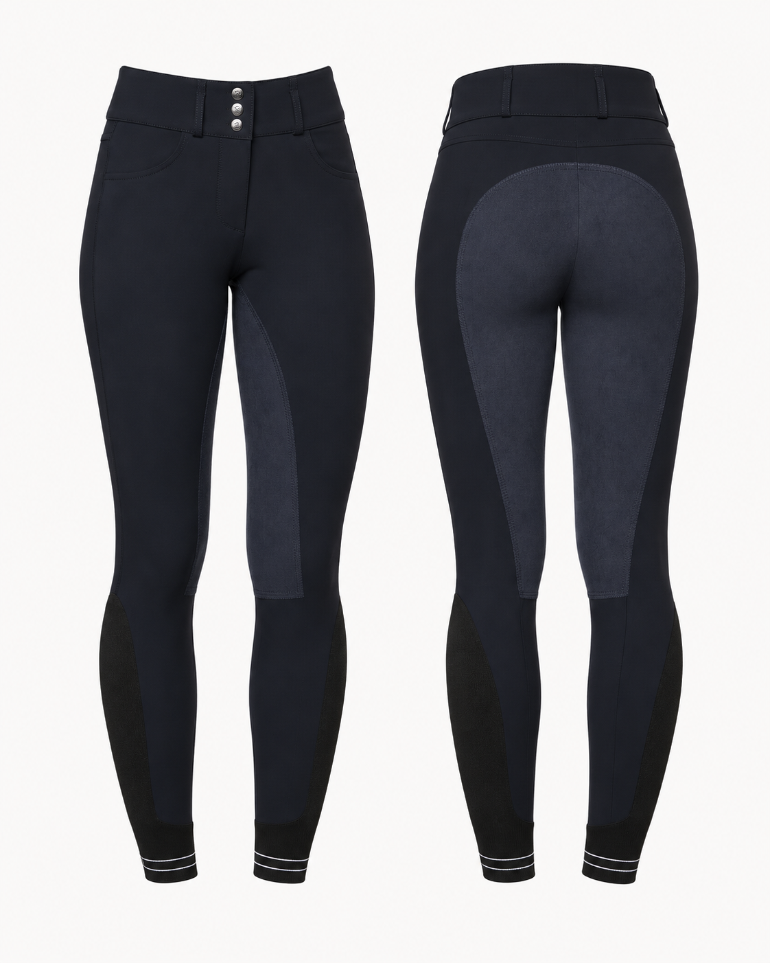 Cavalleria Toscana ladies high waist suede full seat riding breeches in navy blue, front and back views showing Alcantara seat panels and stretch ankle cuffs PAD156