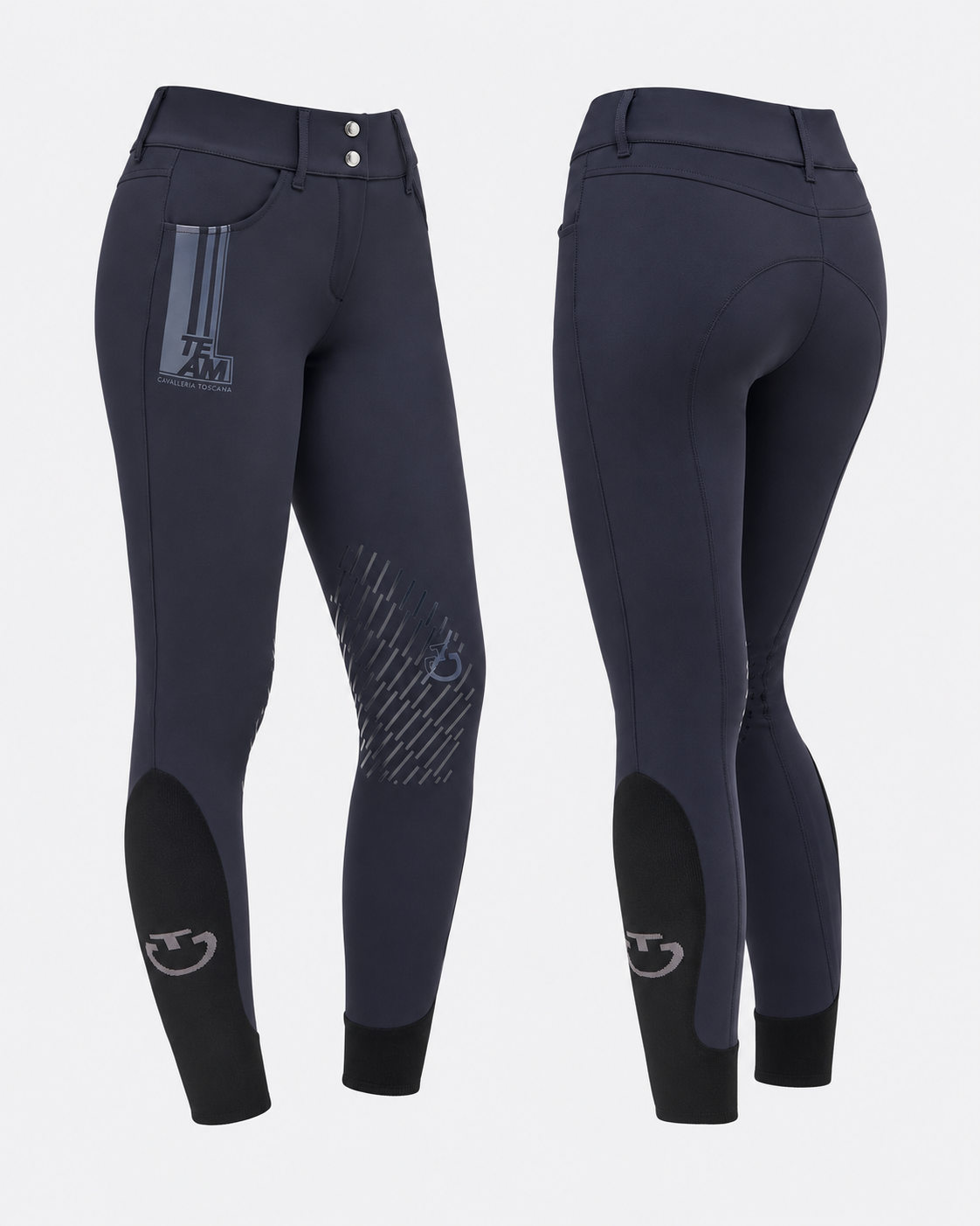 Cavalleria Toscana CT PAD177 navy blue ladies knee grip riding breeches, front and back views featuring Team CT branding, silicone knee grip and black ankle panels.