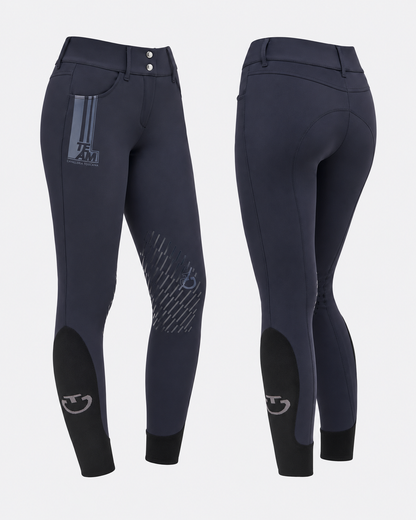 Cavalleria Toscana CT PAD177 navy blue ladies knee grip riding breeches, front and back views featuring Team CT branding, silicone knee grip and black ankle panels.
