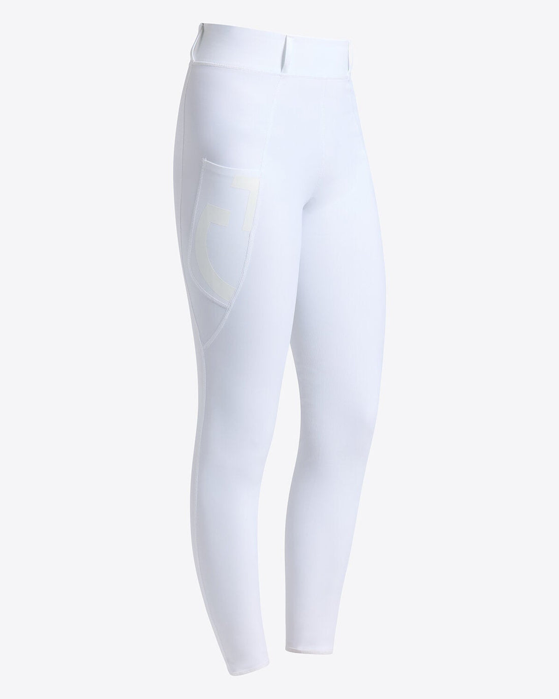 Cavalleria Toscana CT Ladies Knee Grip Riding Leggings PAD222 in white, featuring a high waistband, technical stretch fabric and side phone pocket with CT logo.