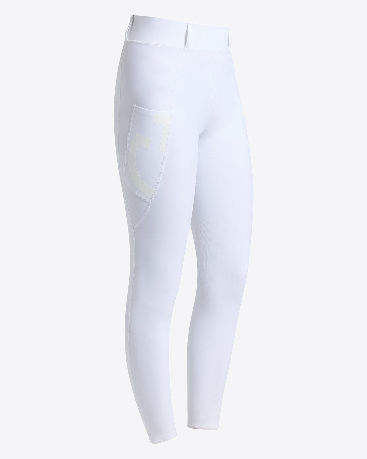 Cavalleria Toscana CT Ladies Knee Grip Riding Leggings PAD222 in white, featuring a high waistband, technical stretch fabric and side phone pocket with CT logo.