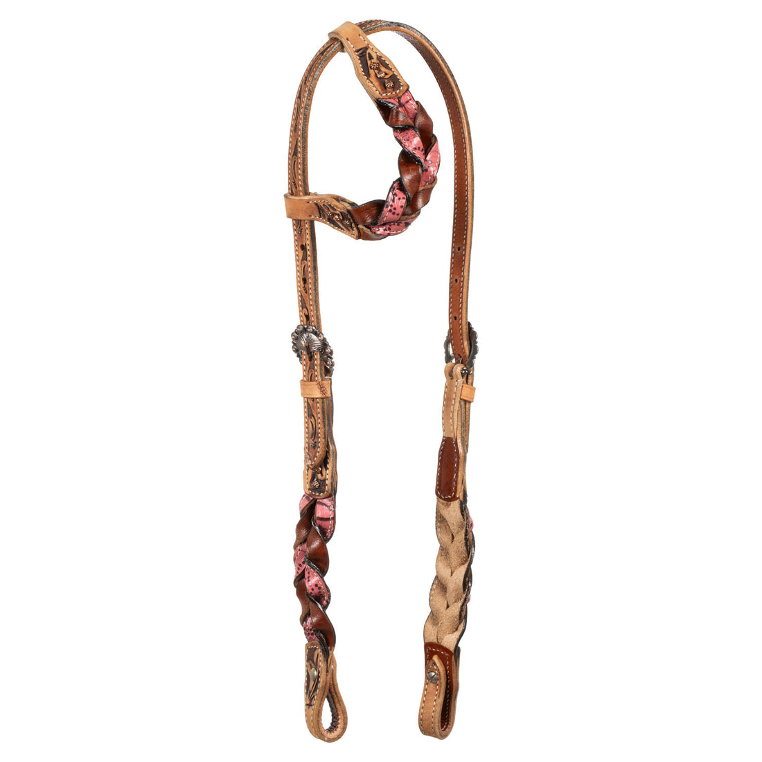 ONE EAR BRIDLE WITH BRAIDED LEATHER DECORATIONS.