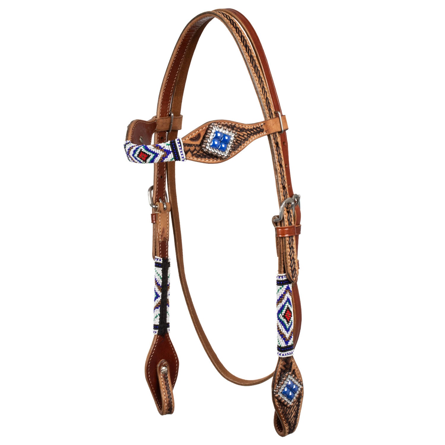 HEADSTALL WITH BLUE DIAMOND DECORATIONS.