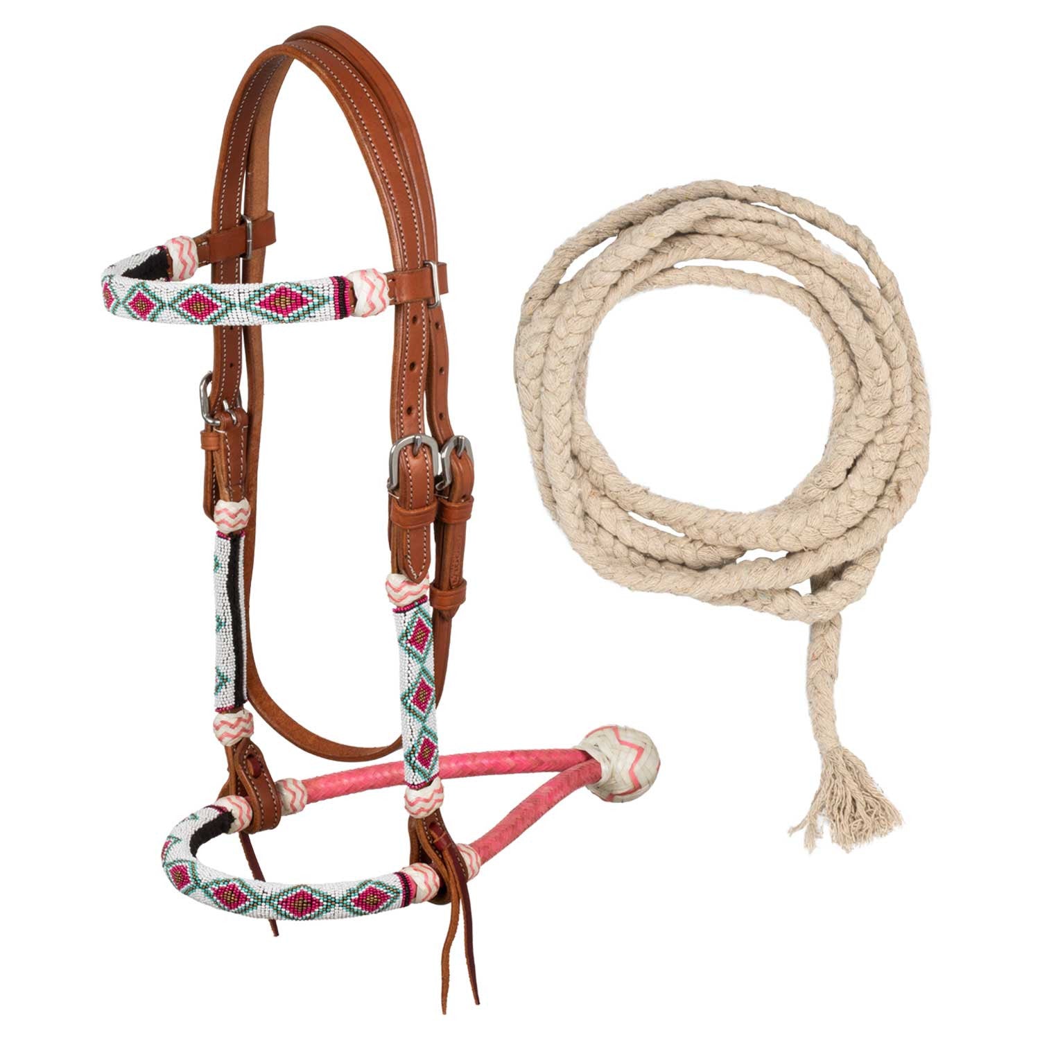 Beaded bosal bridle with cotton mecate reins.