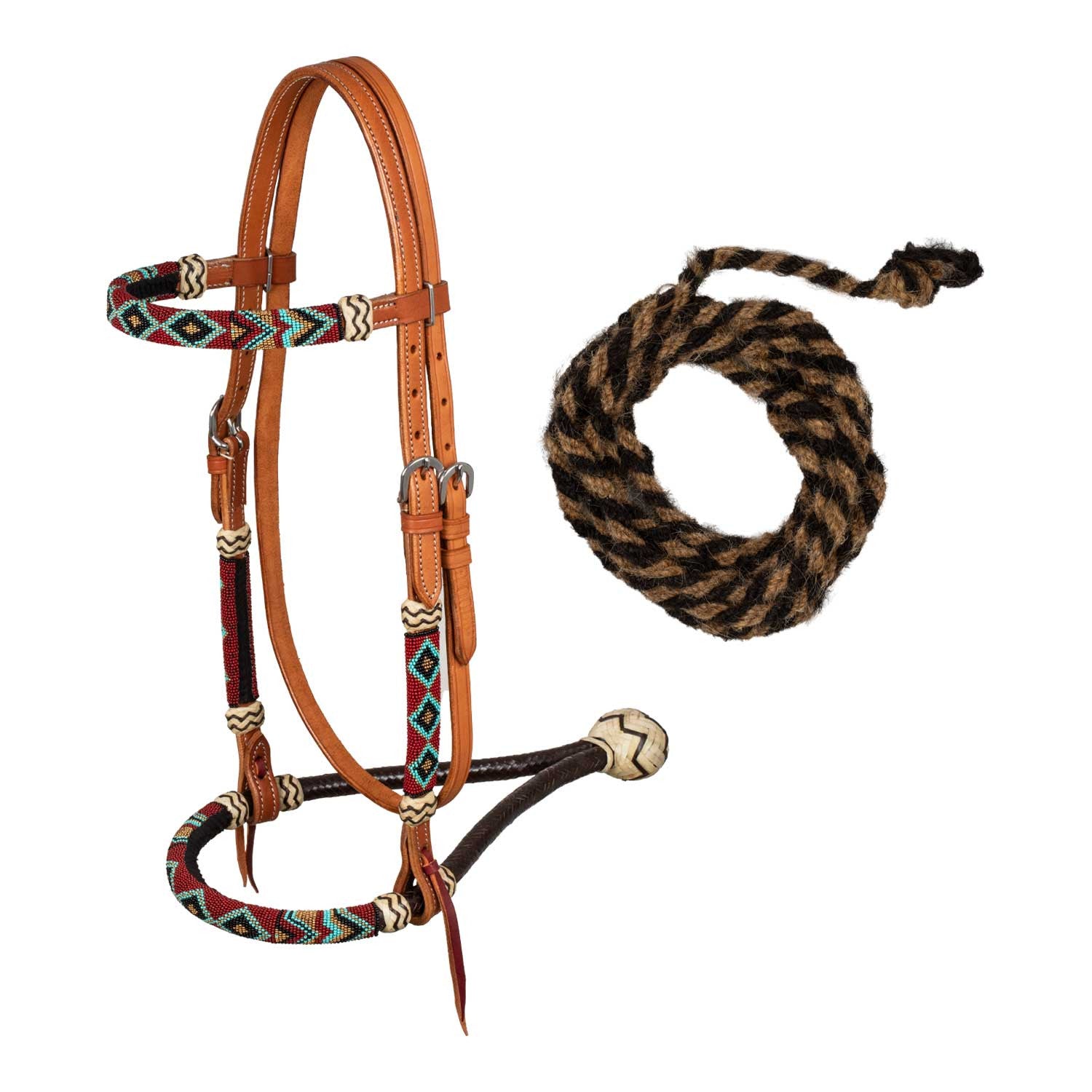 BURGUNDY PEARLS SET WITH HORSEHAIR MECATE REINS.