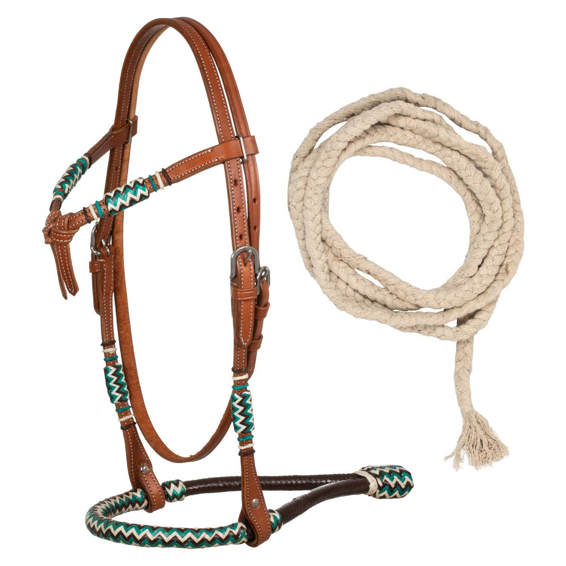 Bosal bridle with cotton mecate reins.