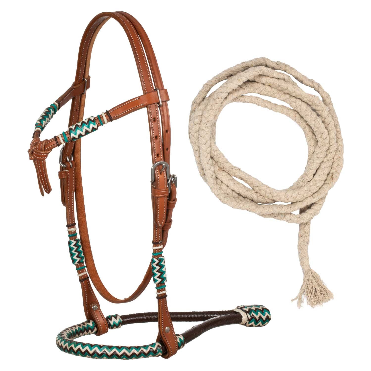 Bosal bridle with cotton mecate reins.