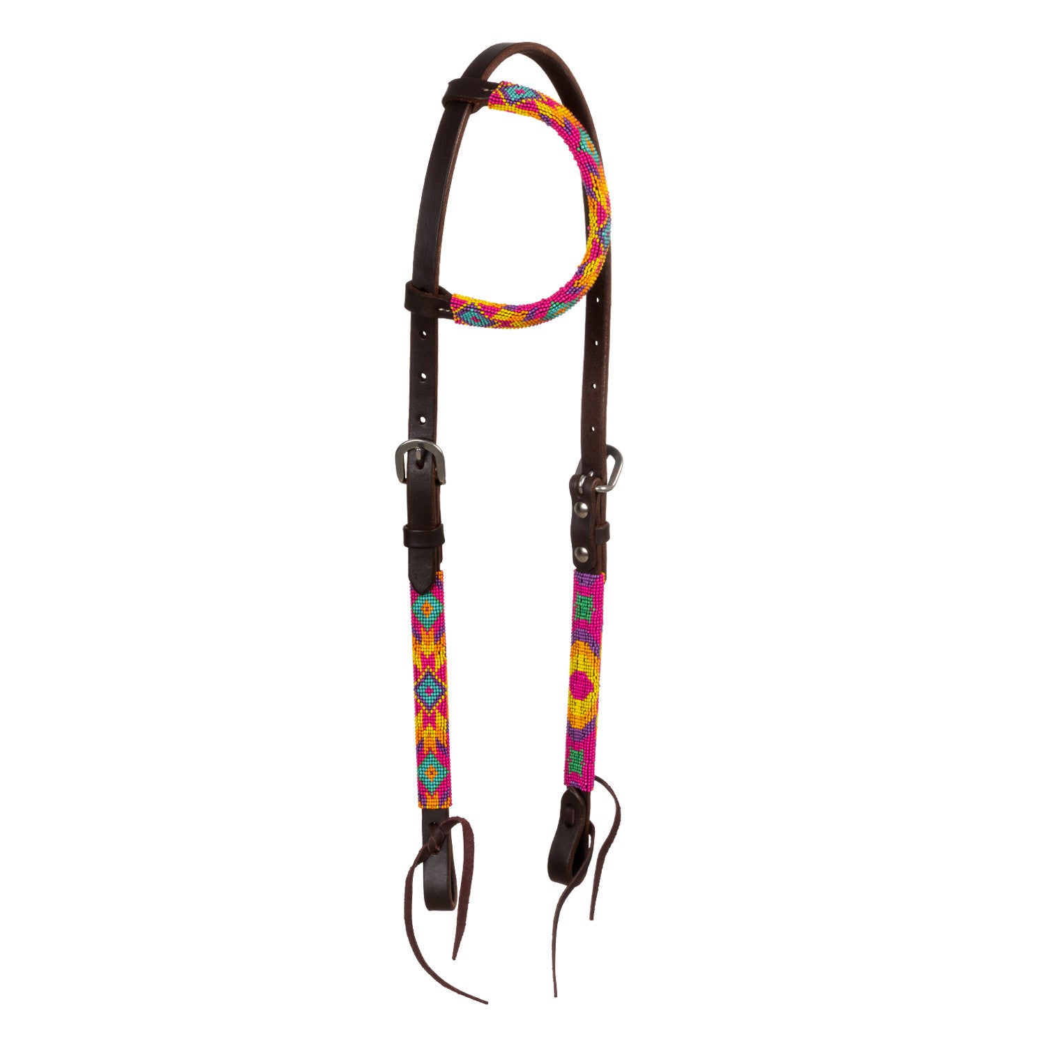 MULTICOLOR BEADED OILED WESTERN ONE EAR BRIDLE.