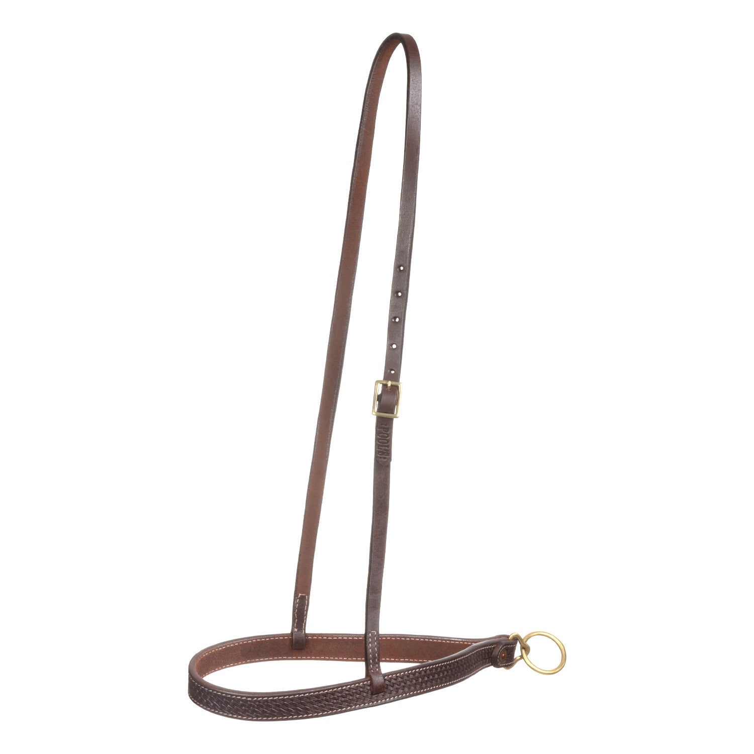 One-ear leather tied down with brass buckles.