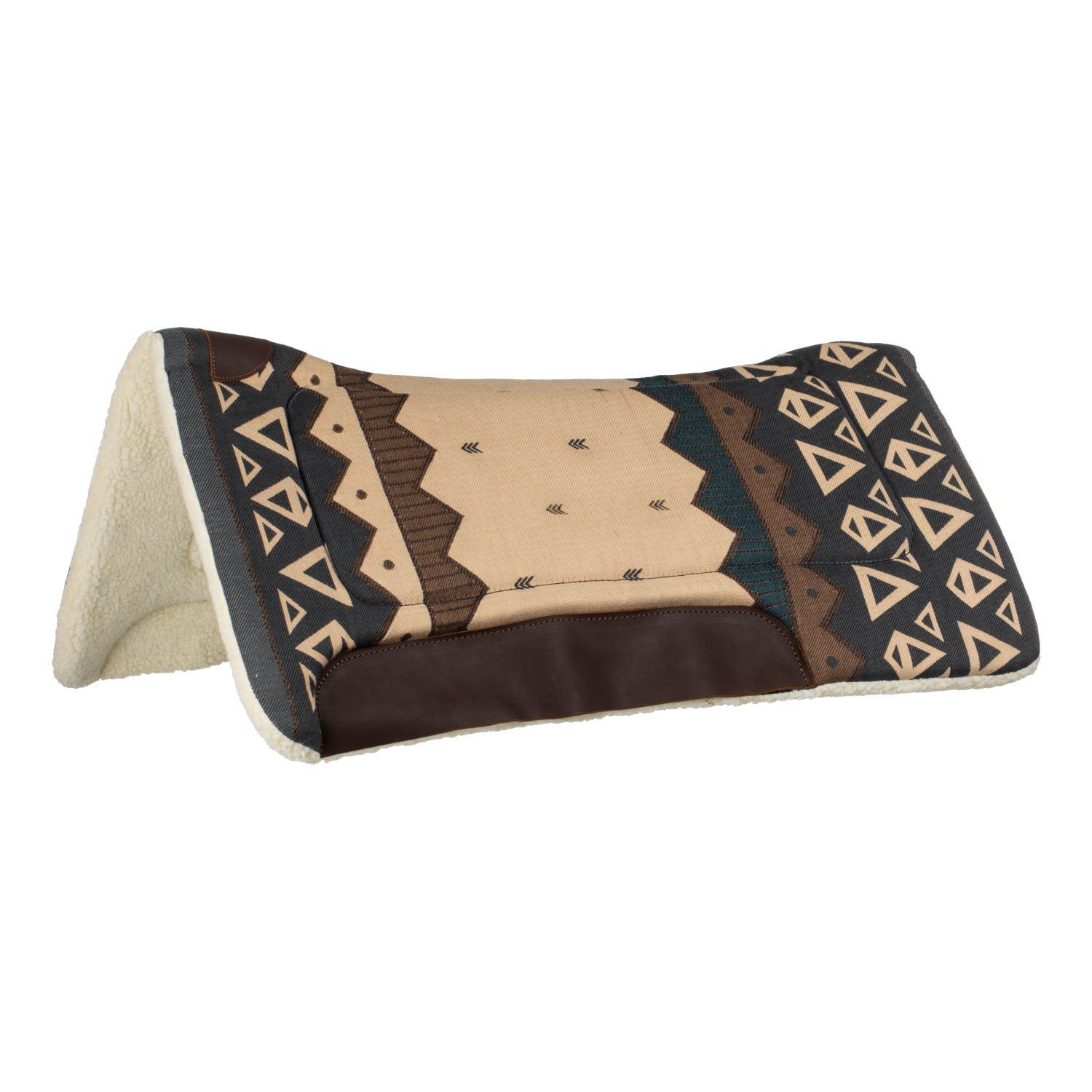 Shaped western saddle pad with leather inserts.