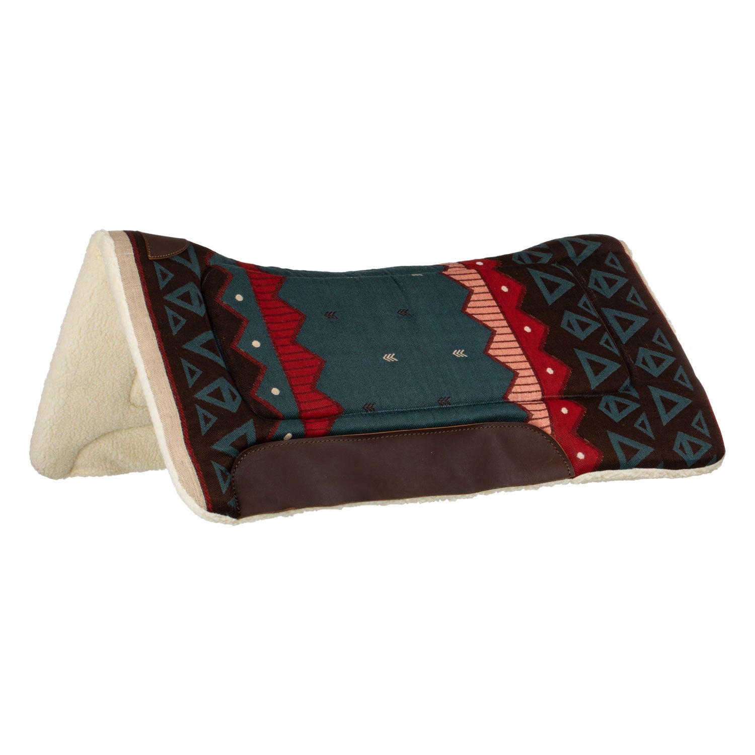 Shaped western saddle pad with leather inserts.
