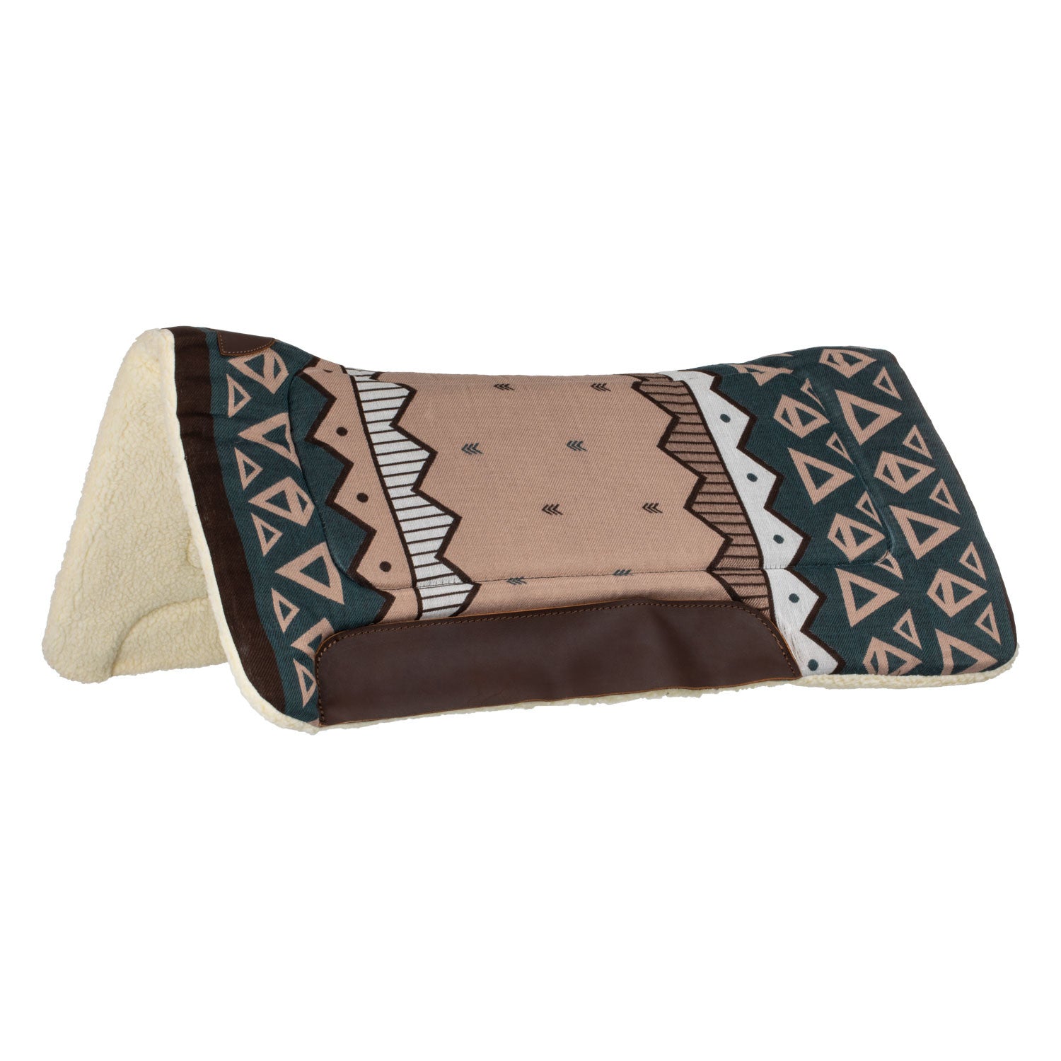 Shaped western saddle pad with leather inserts.
