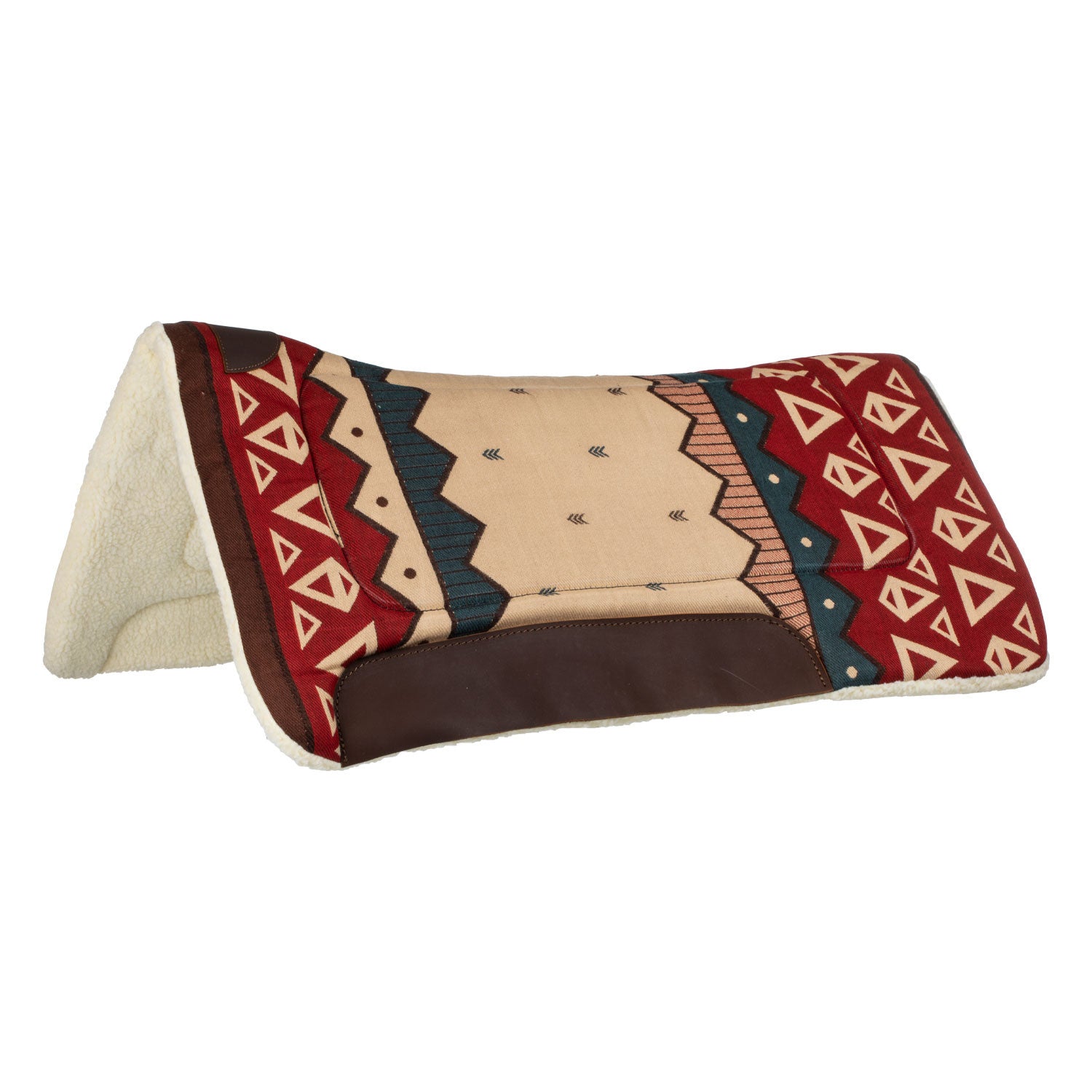 Shaped western saddle pad with leather inserts.