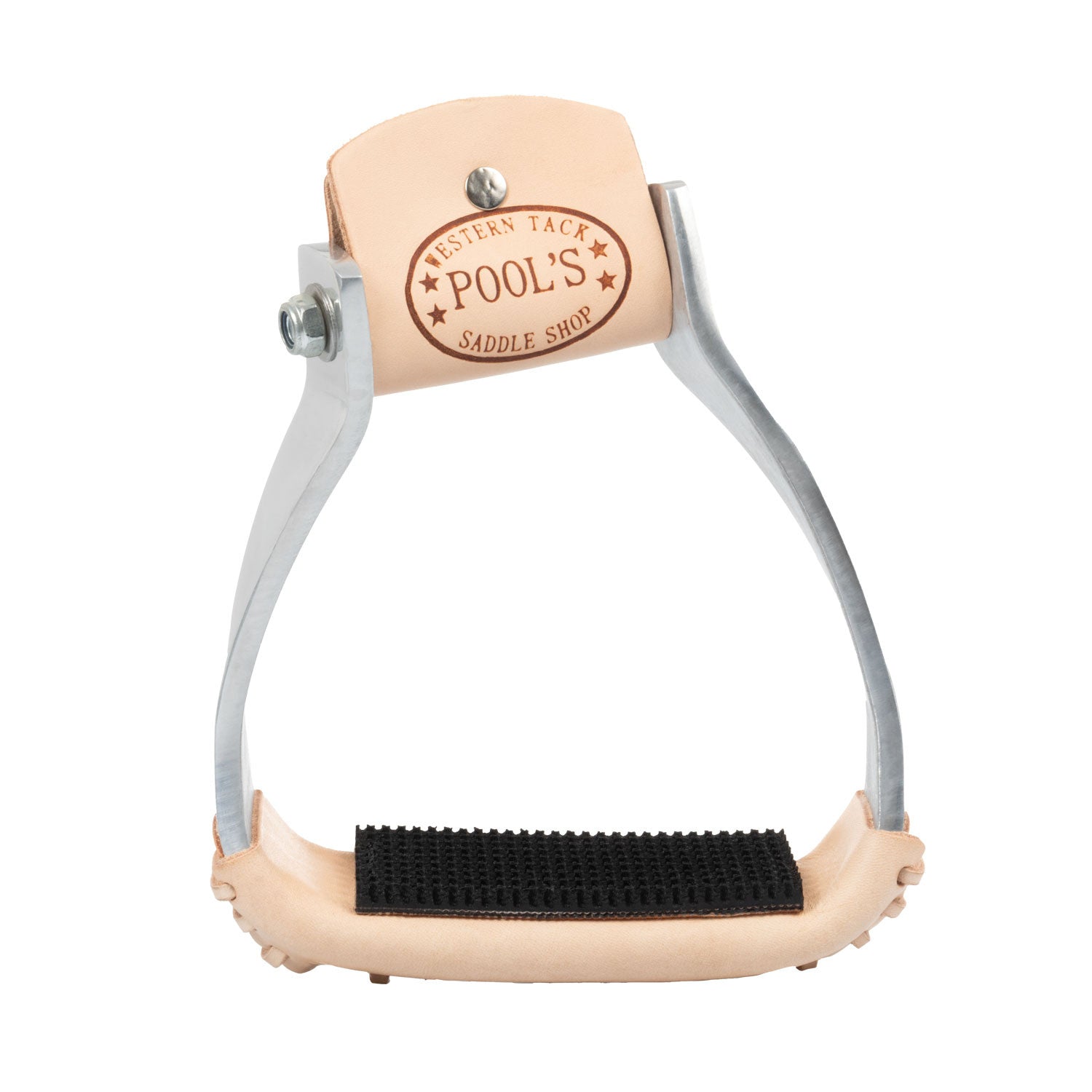 Barrel stirrups with leather-coated tread.