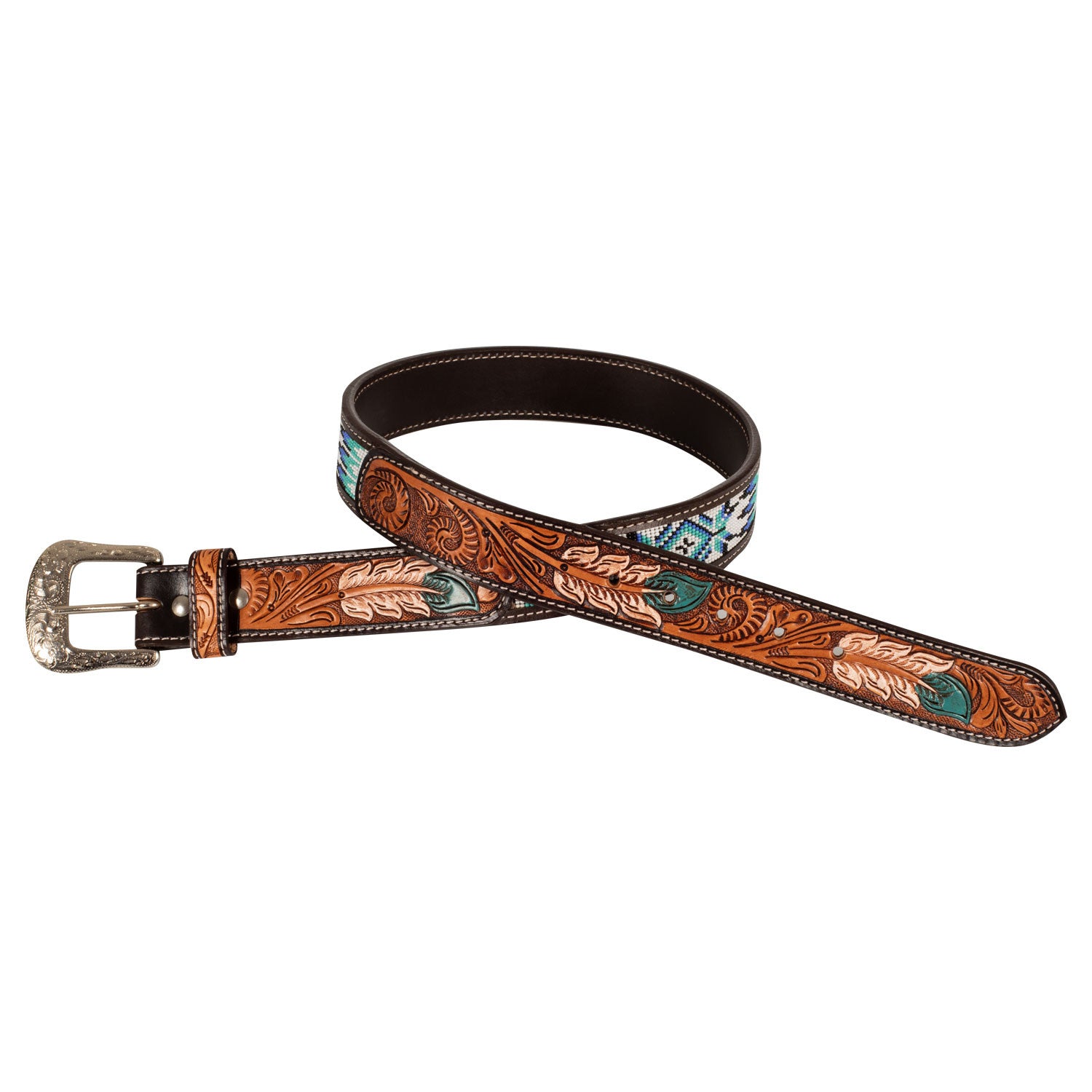 Unisex western beaded belt with feather engraving.