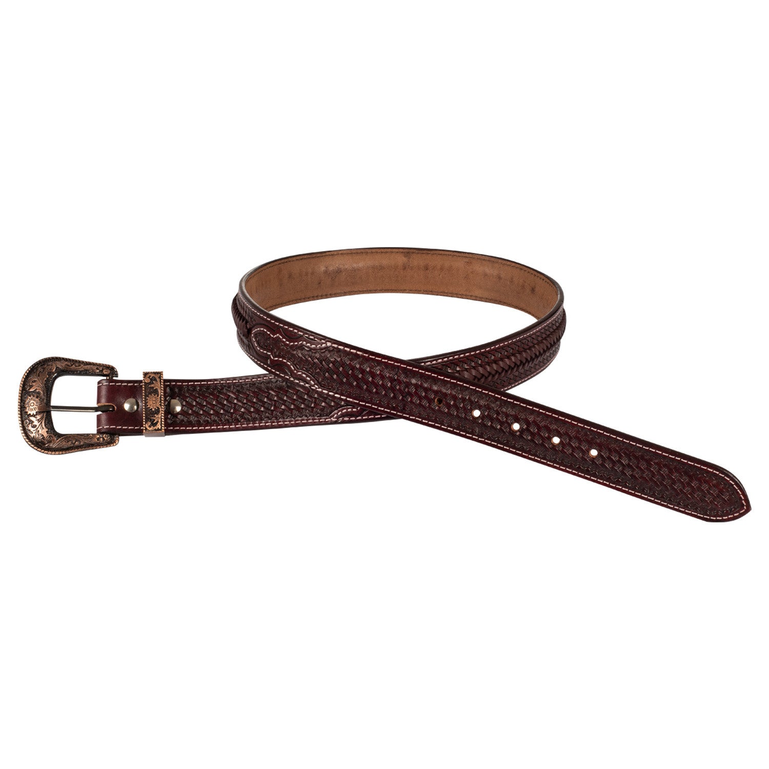Unisex western belt basket tooled with copper zinc buckle.
