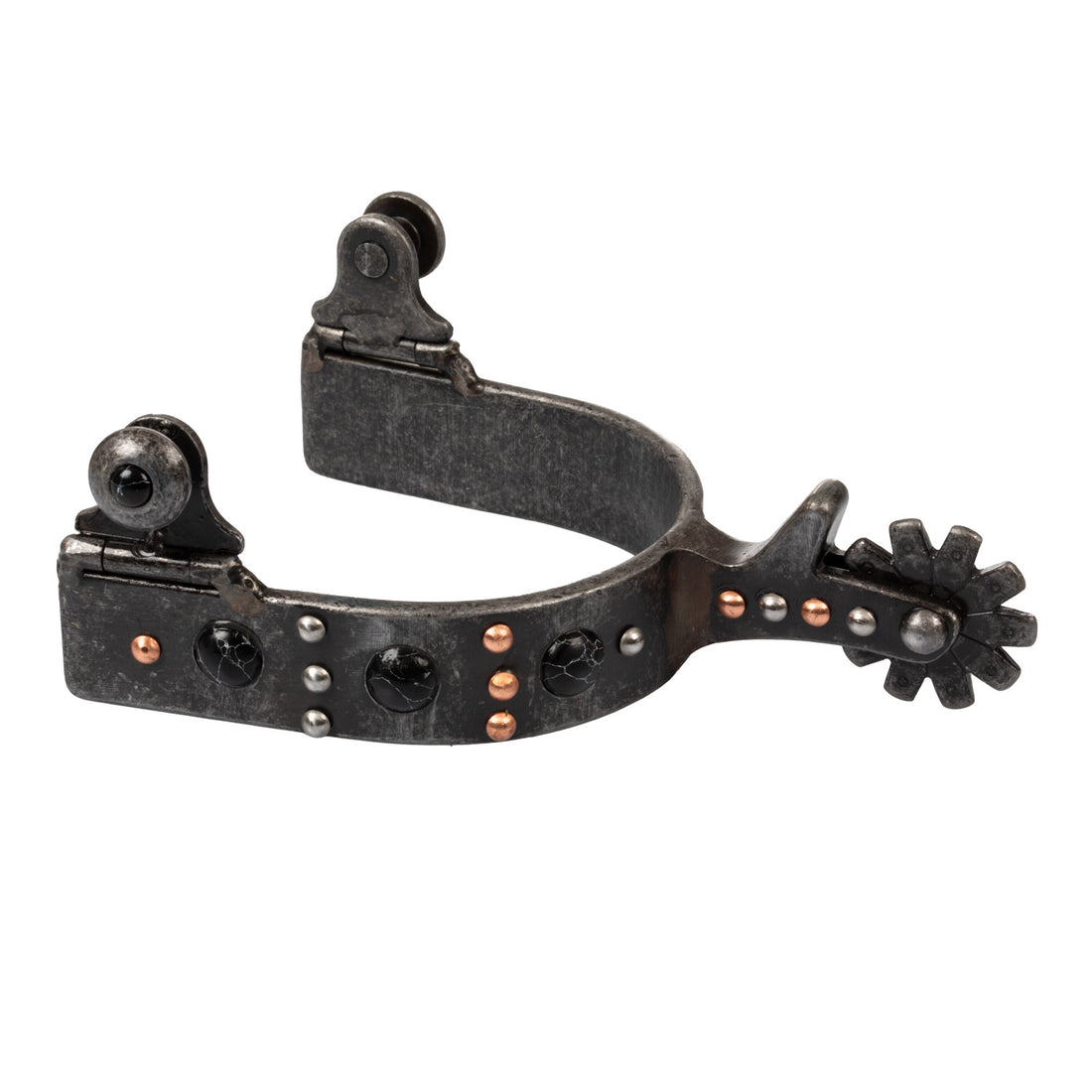 Steel western spurs with black beads.