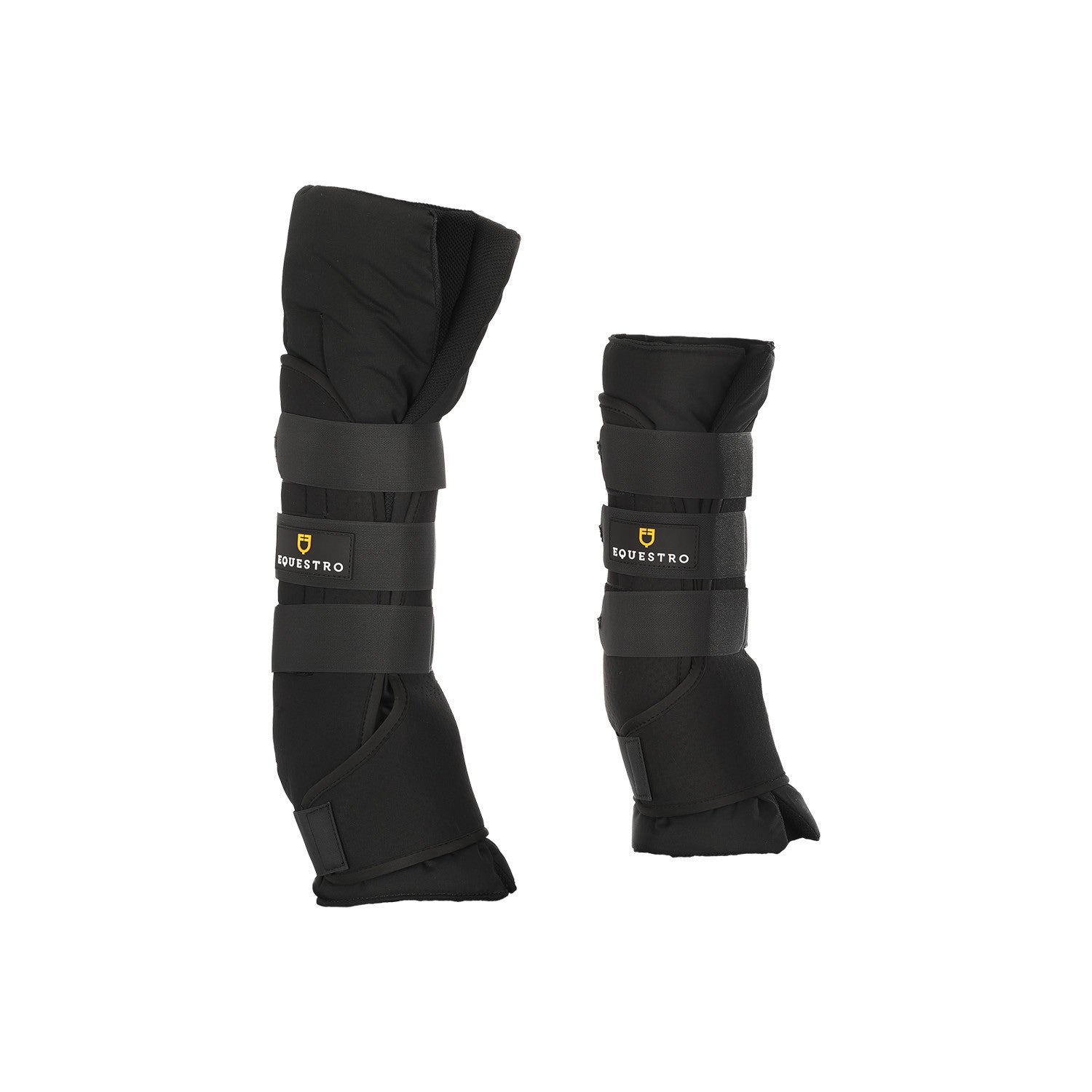 Padded stable boots with hook-and-loop closure.