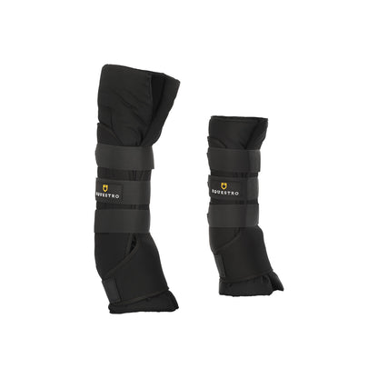 Padded stable boots with hook-and-loop closure.