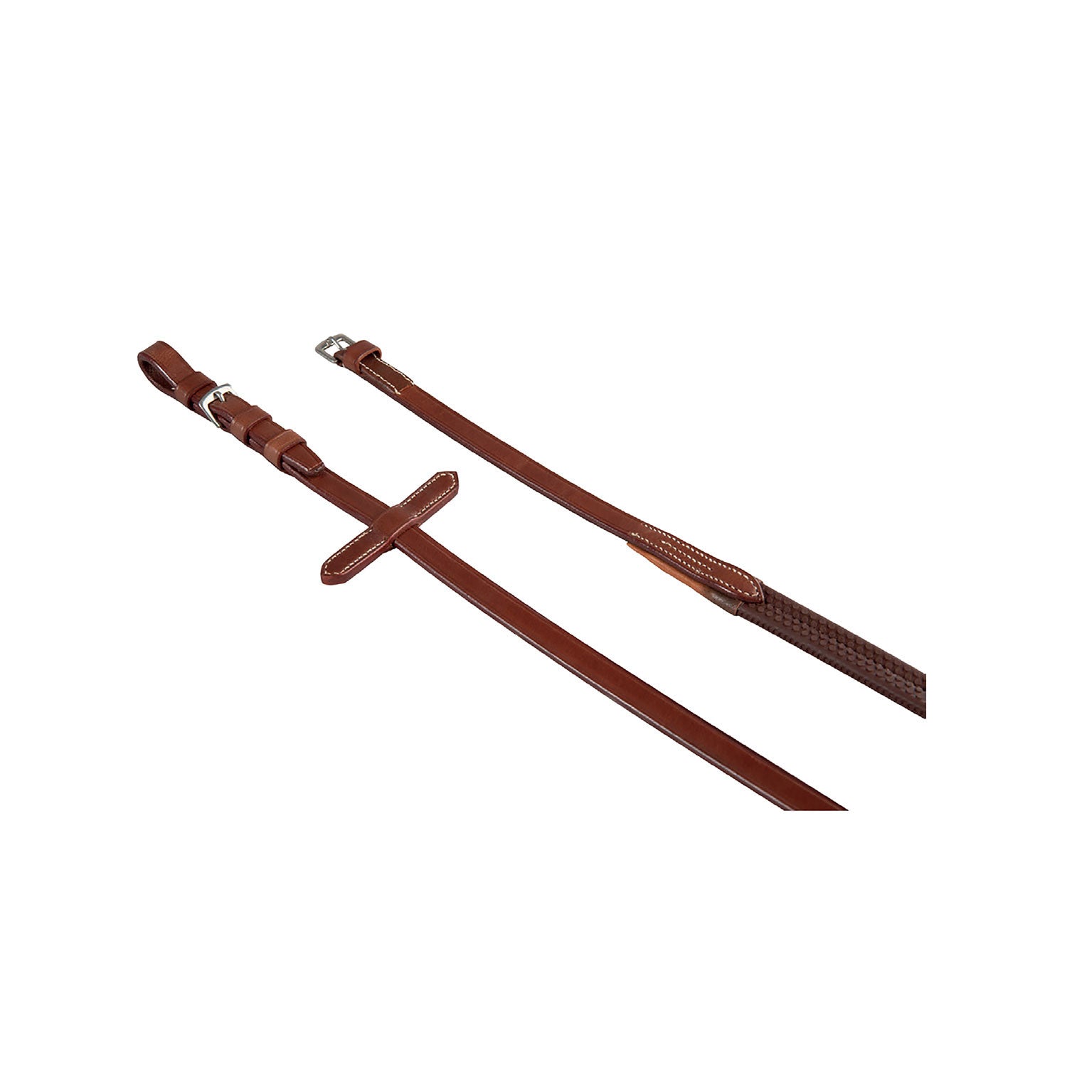 Leather and rubber reins with stainless steel buckles.
