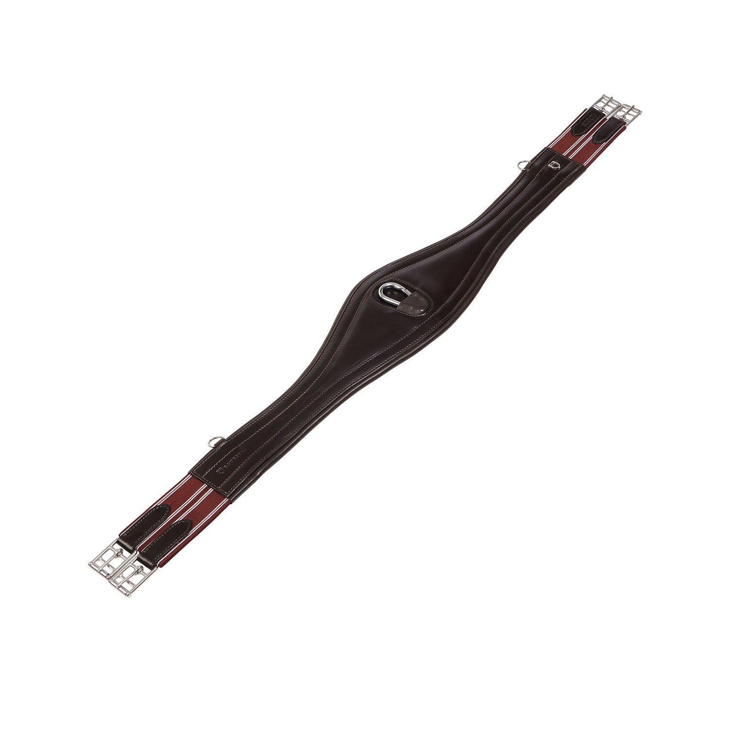 Leather jumping girth with elastic bands.