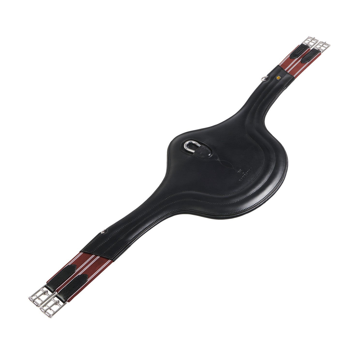 Jumping girth in leather with protectors.