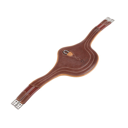 Jumping girth in leather with protectors.