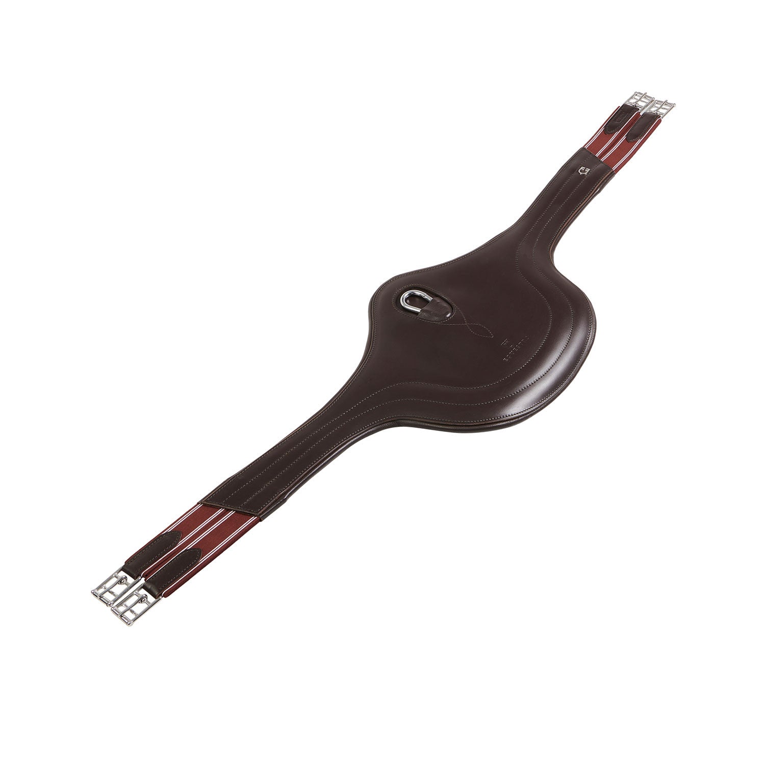 Jumping girth in leather with protectors.