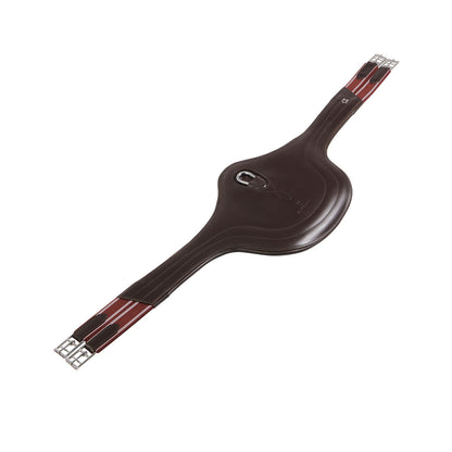 Jumping girth in leather with protectors.