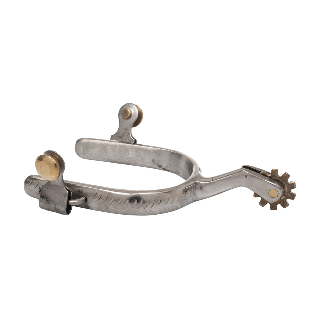 STAINLESS STEEL WESTERN SPURS WITH DECORATIONS.