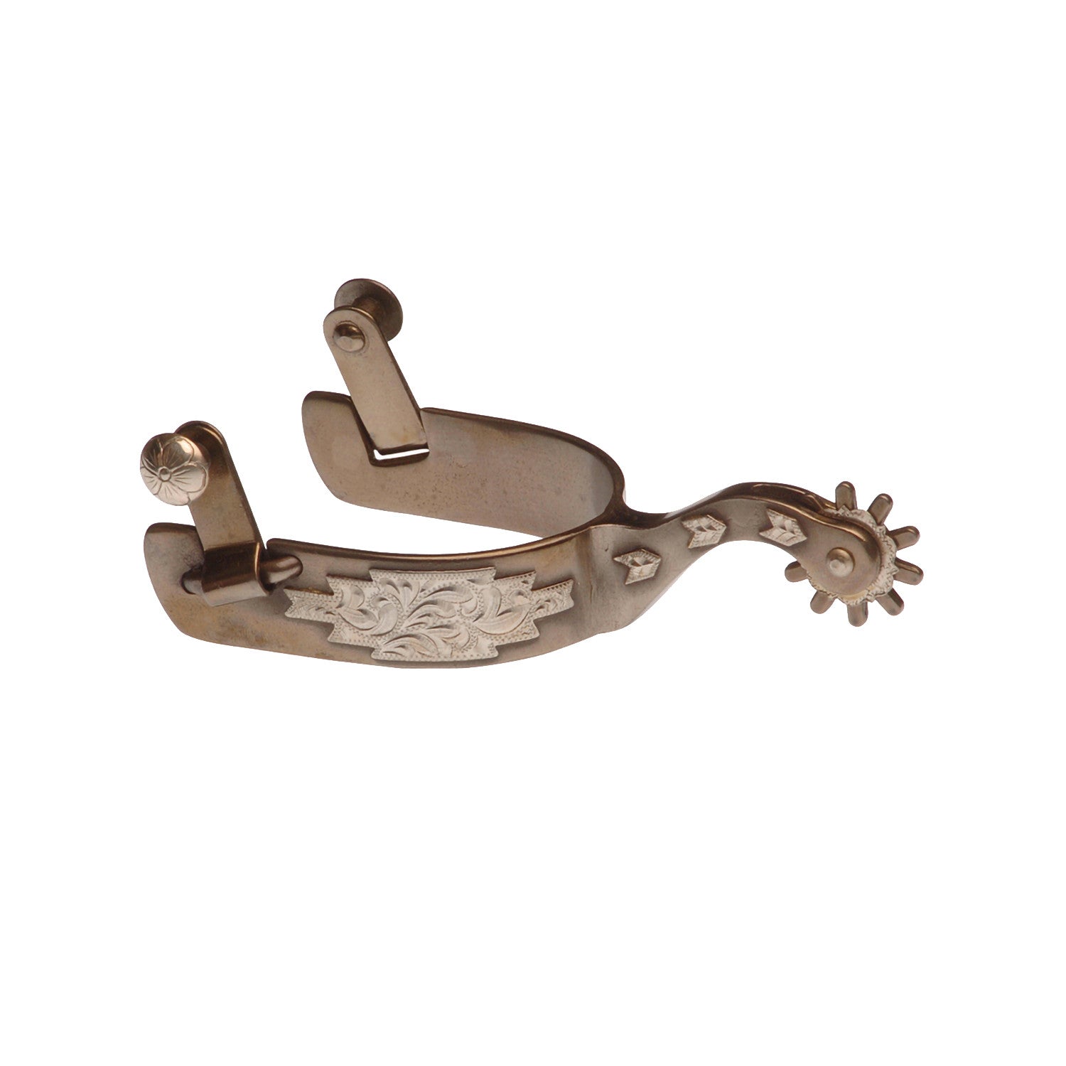 STAINLESS STEEL WESTERN SPURS WITH SILVER DECORATIONS.