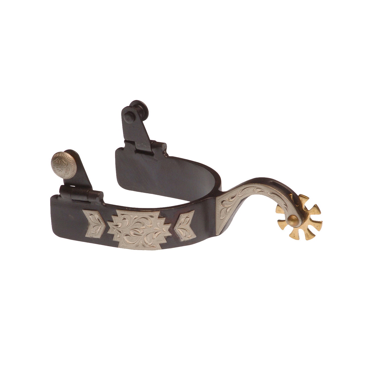 BLACK SPURS WITH FLOWER DECORATION.