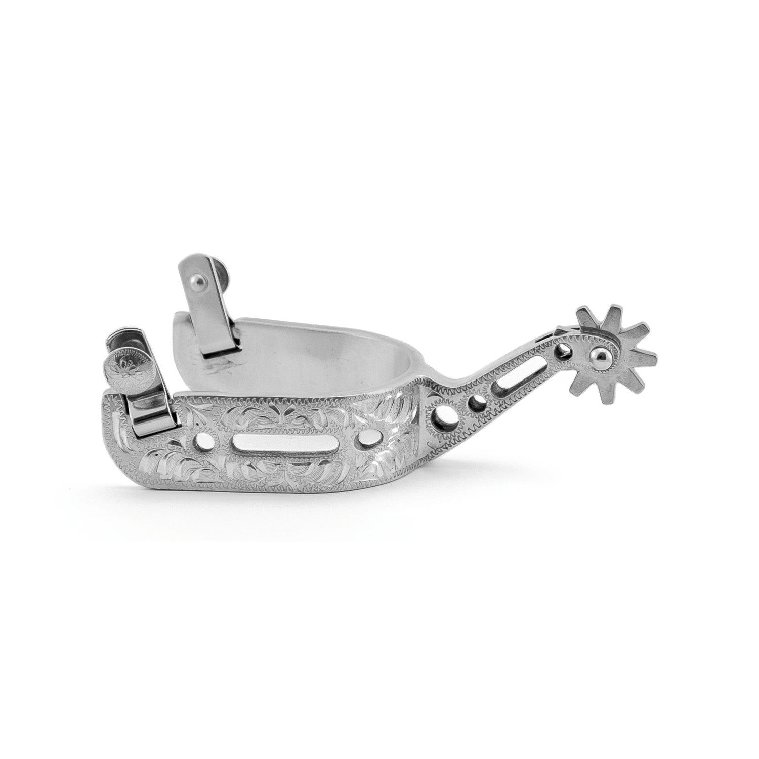 ALUMINUM ENGRAVED SPURS WITH HOLES..