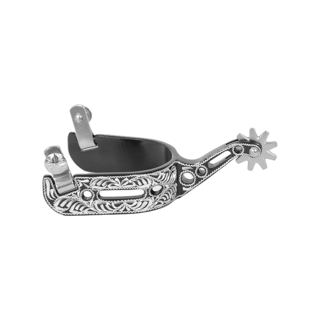 ALUMINUM ENGRAVED SPURS WITH HOLE BLACK COLOR.