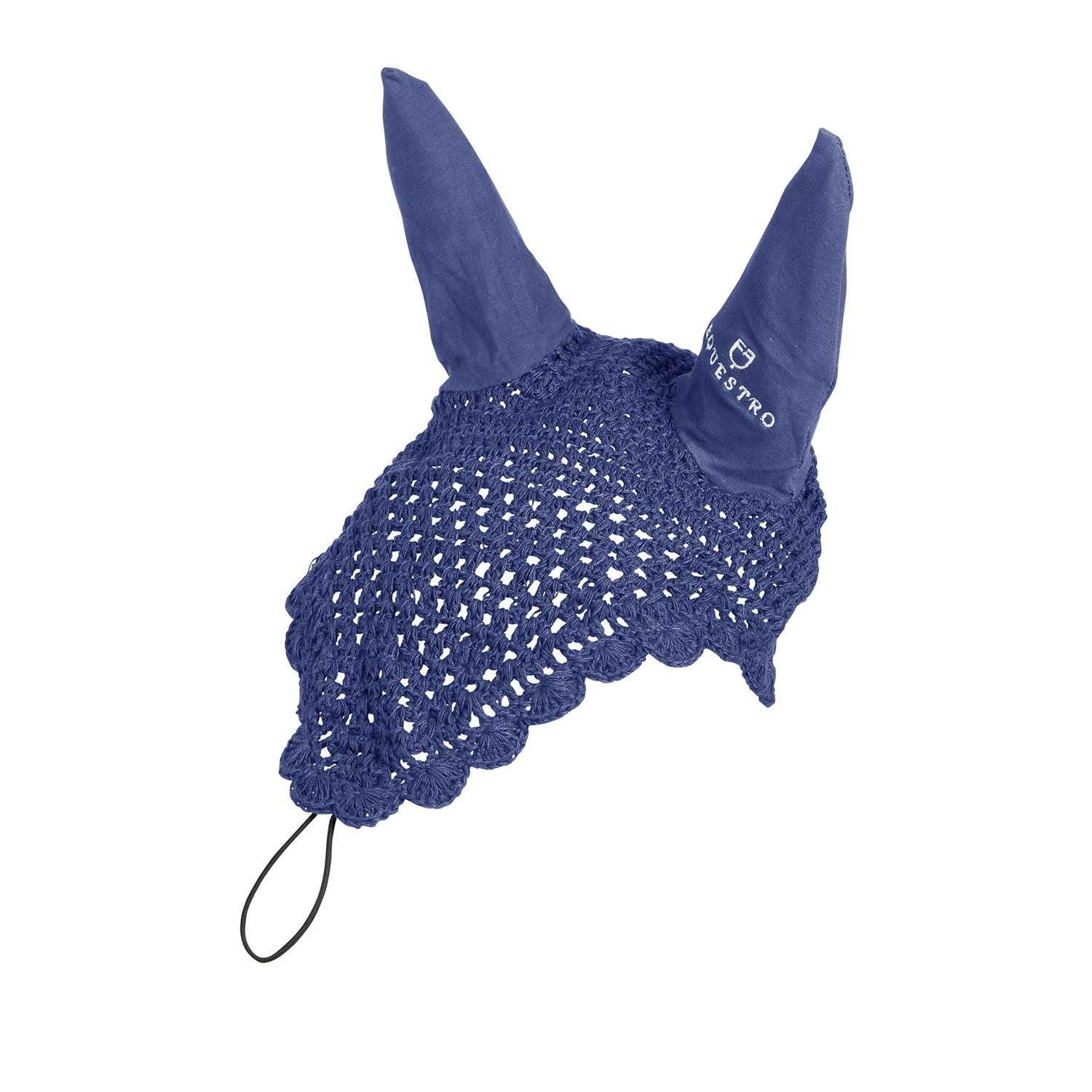 Knitted fly veil with elastic front strap.