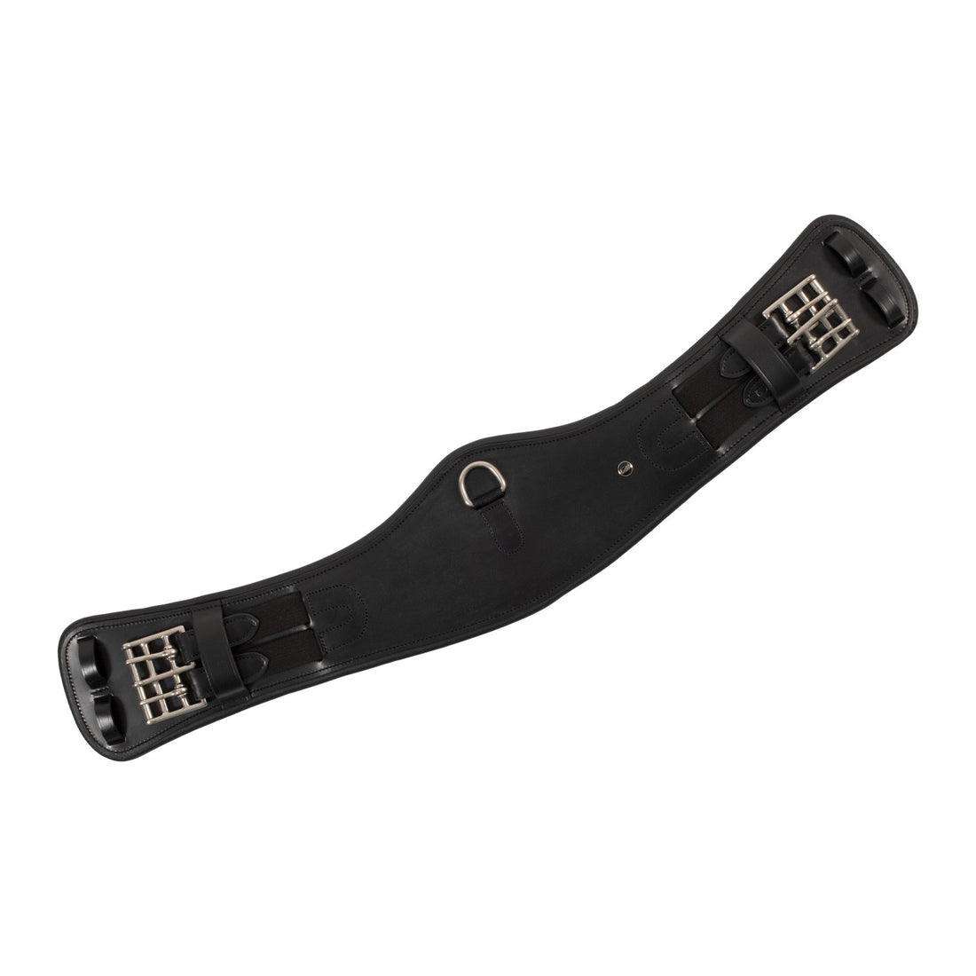Shaped leather dressage girth with logo pin.