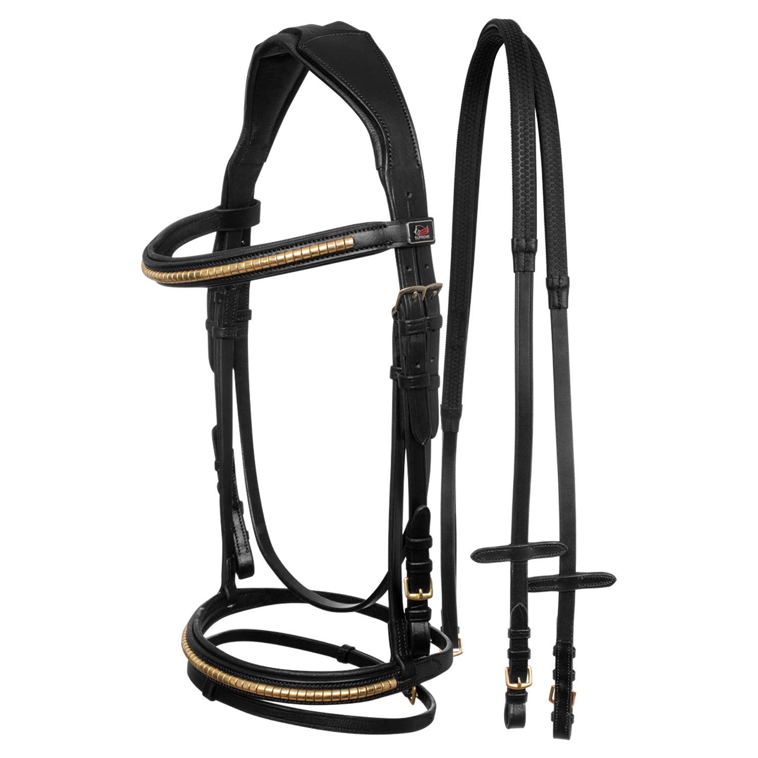 ENGLISH BRIDLE WITH CLINCHER AND RUBBER REINS.