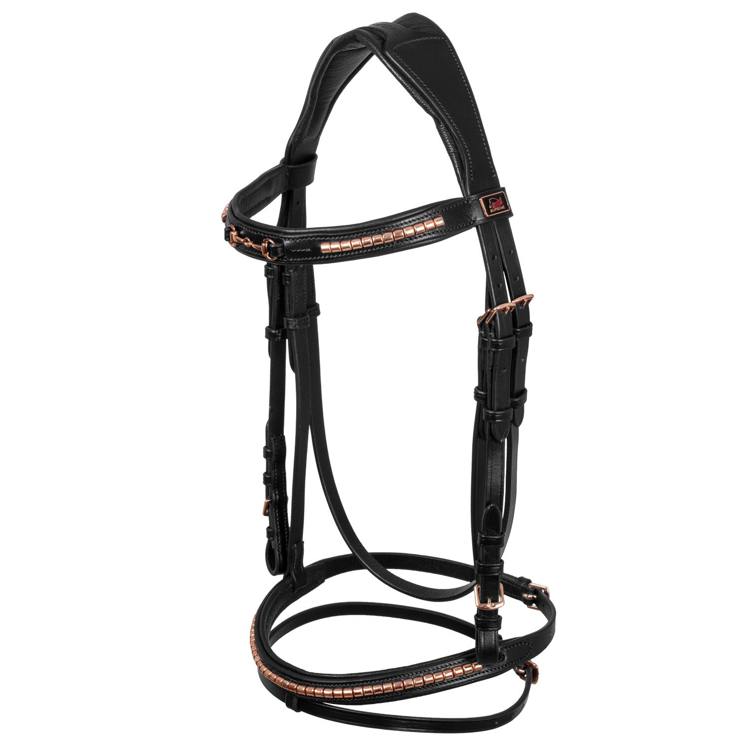 ENGLISH BRIDLE WITH ROSE GOLD BIT DECORATION.