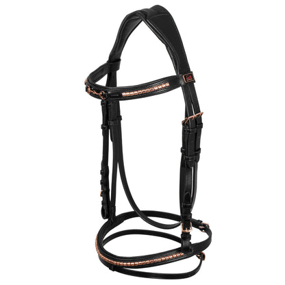 ENGLISH BRIDLE WITH ROSE GOLD BIT DECORATION.