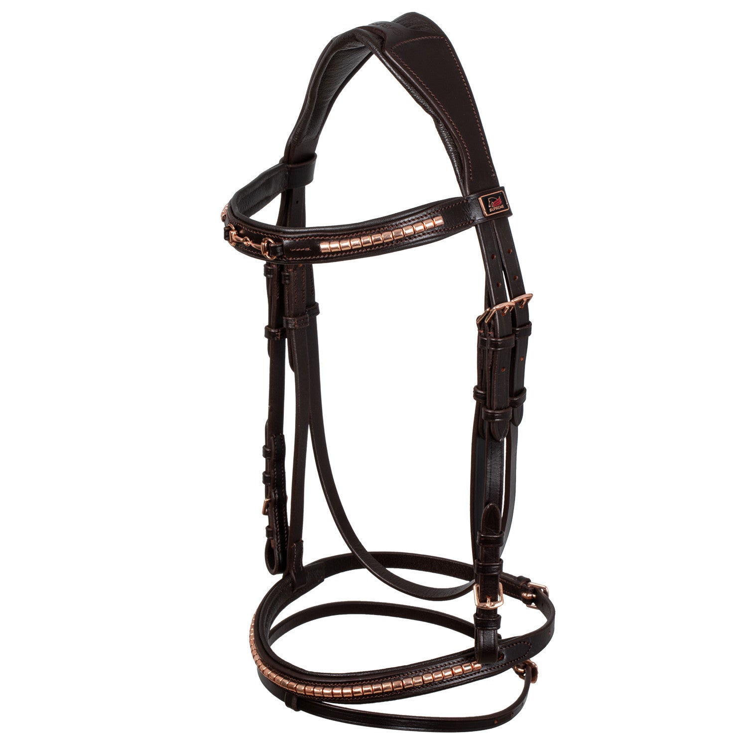 ENGLISH BRIDLE WITH ROSE GOLD BIT DECORATION.