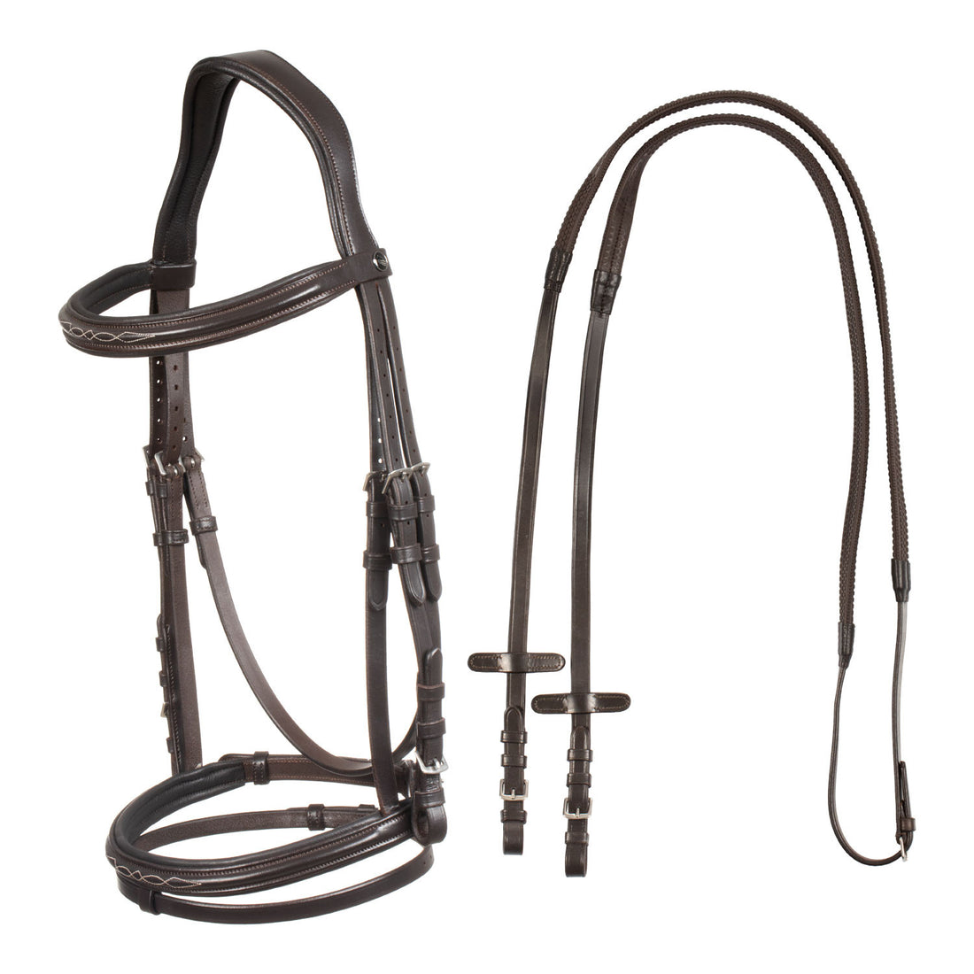 Raised bridle with decorative embroidery.