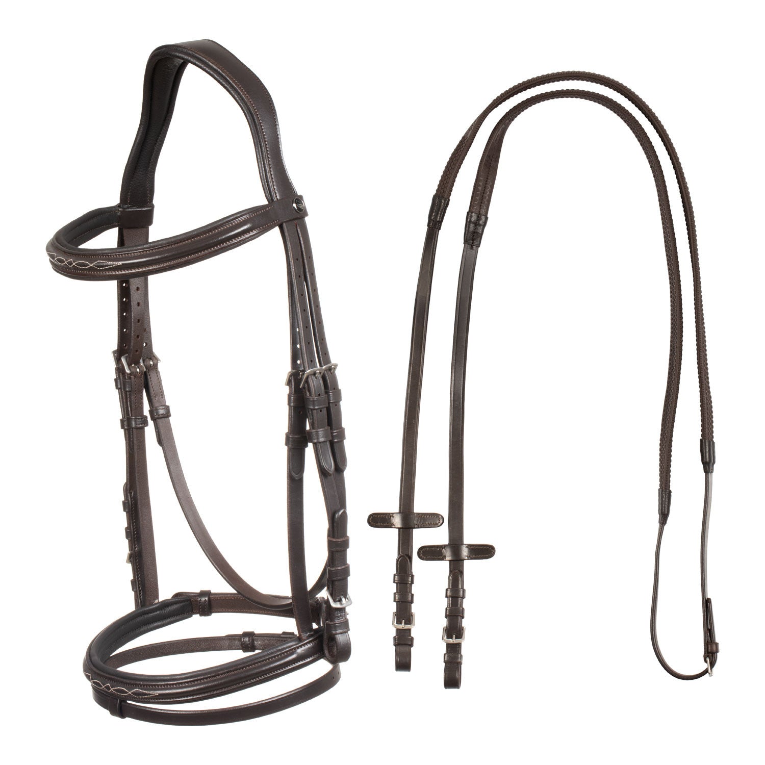 Raised bridle with decorative embroidery.