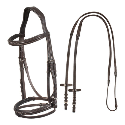Raised bridle with decorative embroidery.