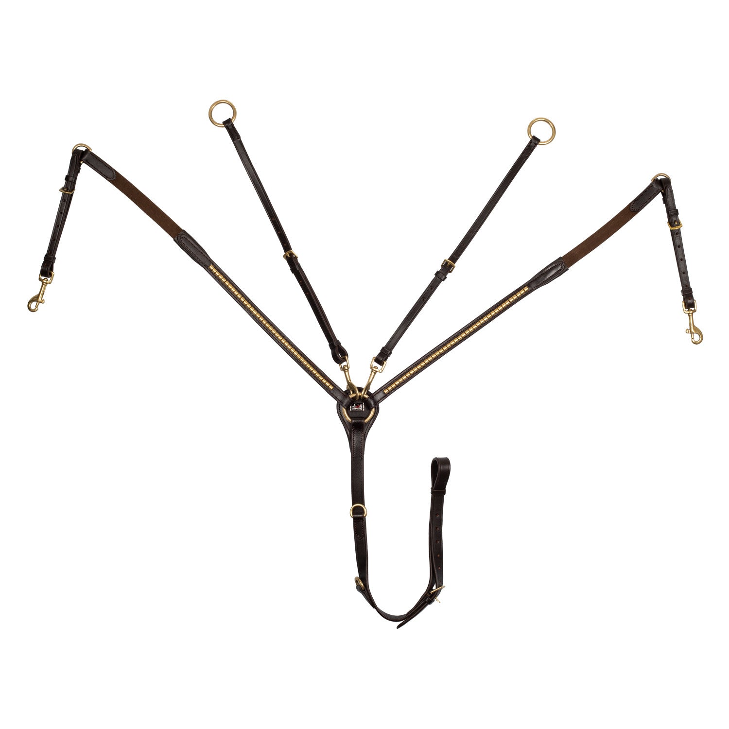 LEATHER FORK BREASTPLATE WITH GOLD CLINCHER.