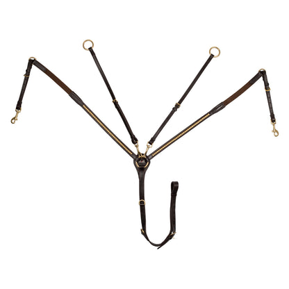 LEATHER FORK BREASTPLATE WITH GOLD CLINCHER.