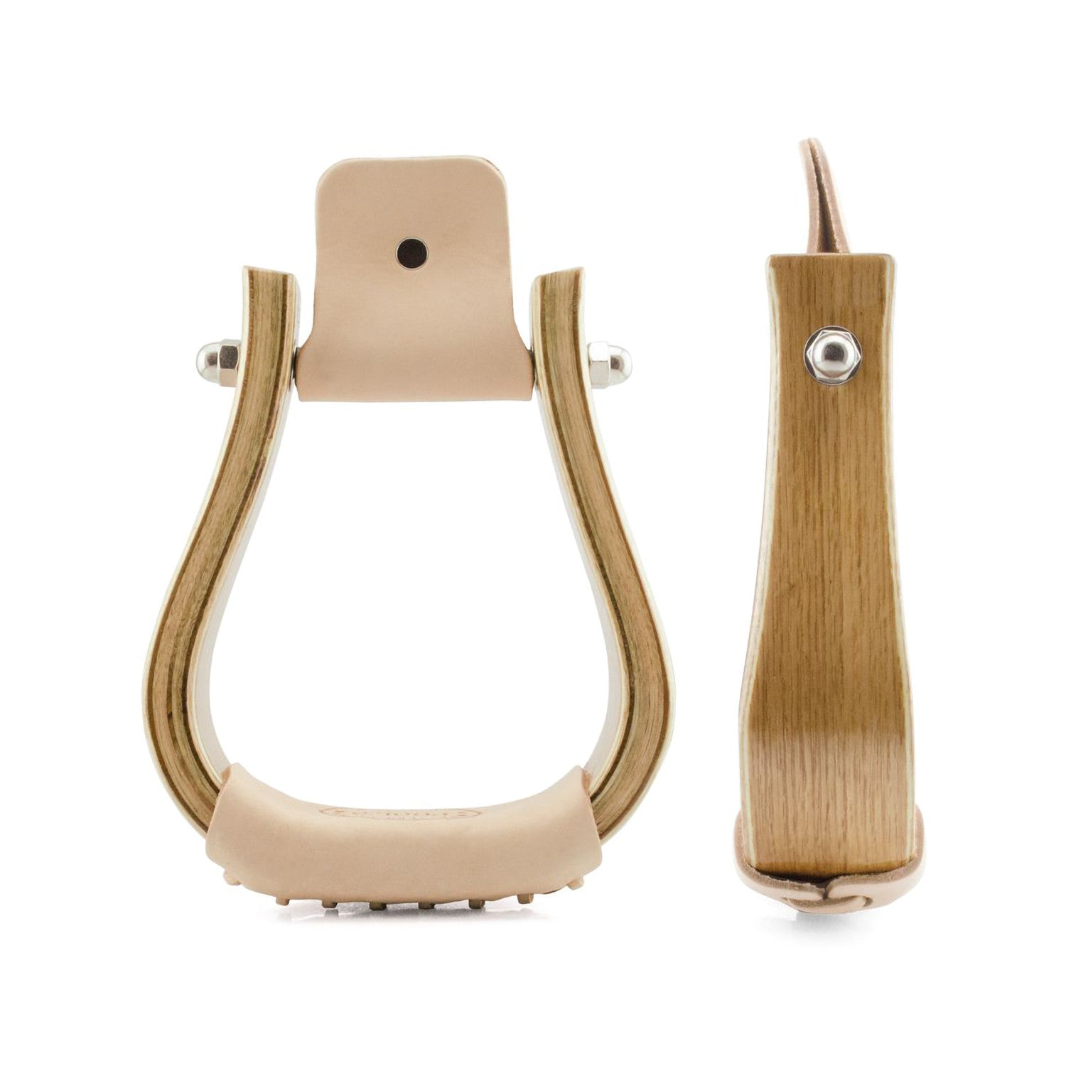 WOODEN WESTERN STIRRUPS WITH LEATHER FOOTBOARD.
