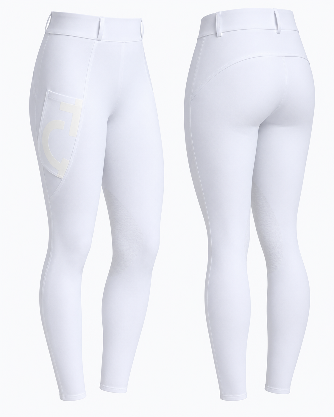 Cavalleria Toscana CT PAD222 ladies white riding leggings, front and back views showing high waistband, CT logo side pocket, fitted stretch fabric and knee grip detailing.